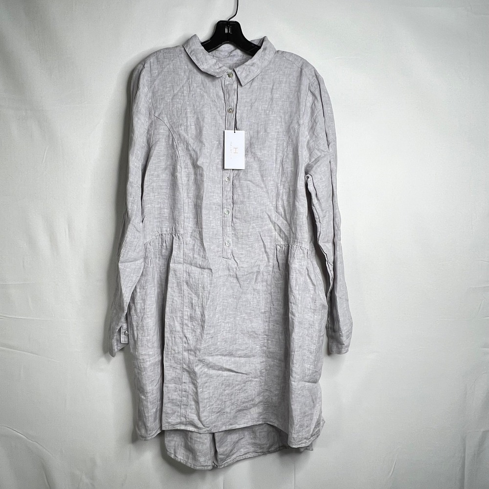 NWT Halston Oatmeal Linen Long Sleeve Tunic Women XL Button Front High Low